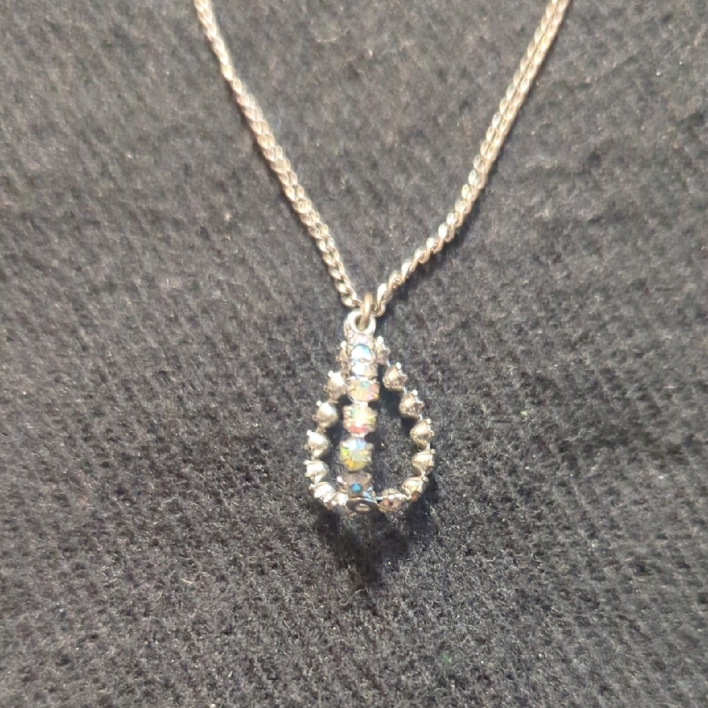 Silver Tone Clear Rhinestone Open Teardrop Pendant Statement Necklace